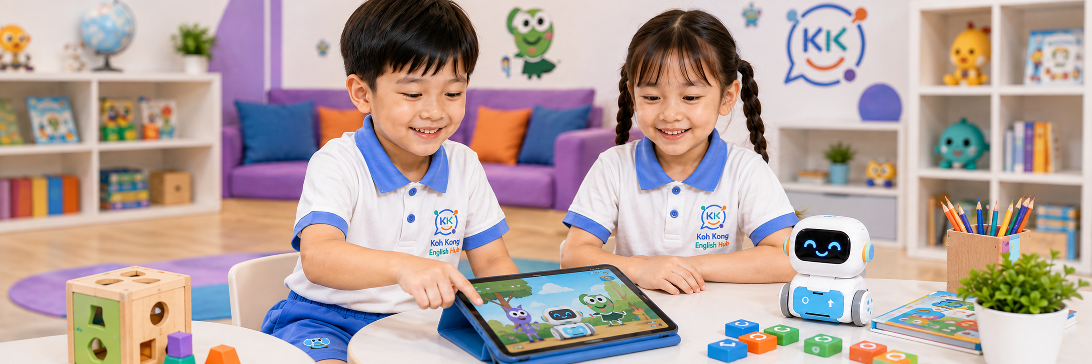 Kid-friendly AI learning setup with a tablet on the table and a small classroom robot