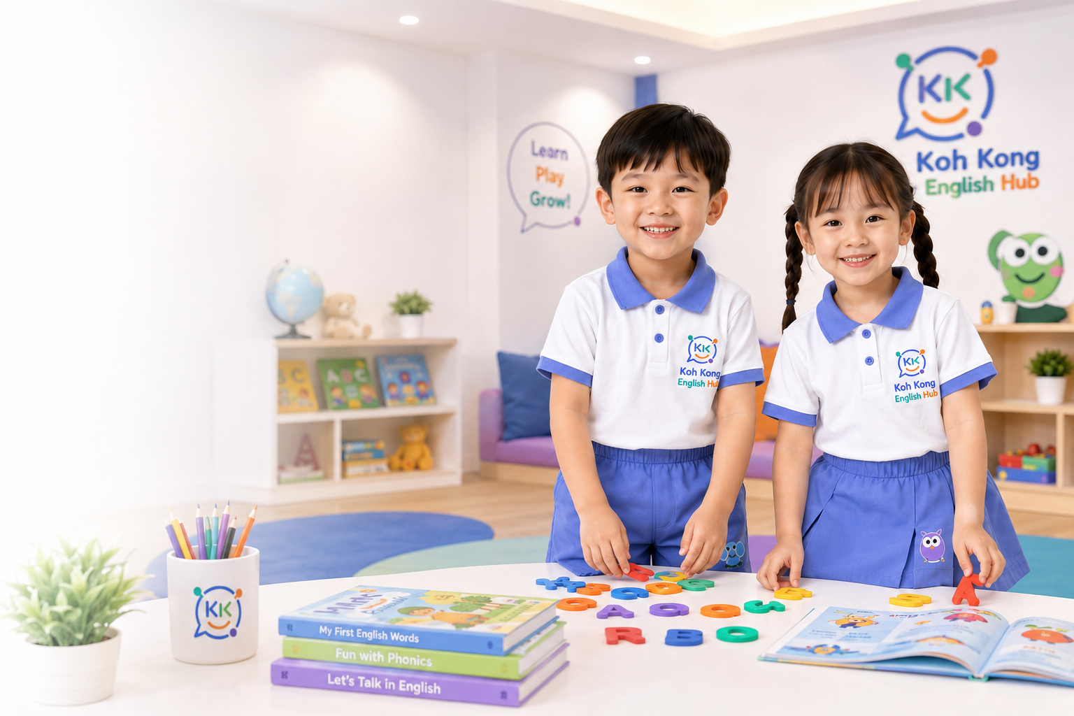 Two children in Koh Kong English Hub uniforms learning in a bright preschool classroom