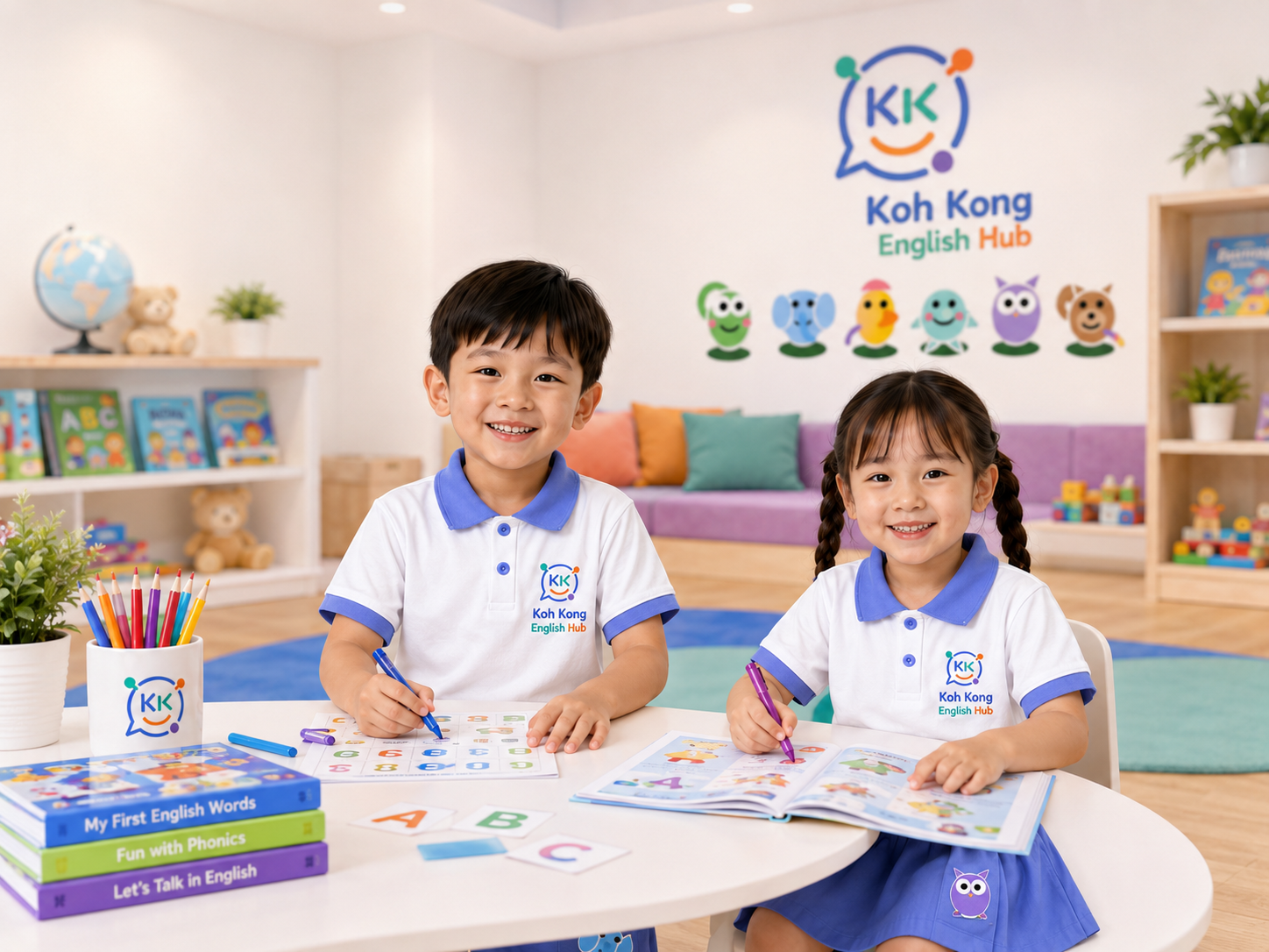 Happy children in Koh Kong English Hub uniforms in a bright classroom