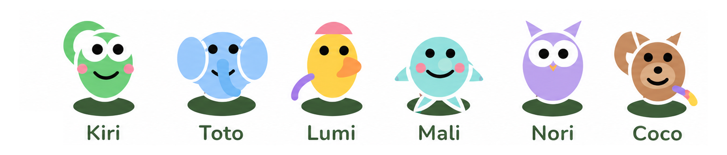Kiri, Toto, Lumi, Mali, Nori and Coco learning buddies