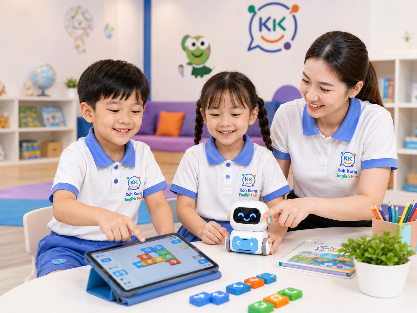 Two children with a teacher exploring AI learning with a tablet and small robot