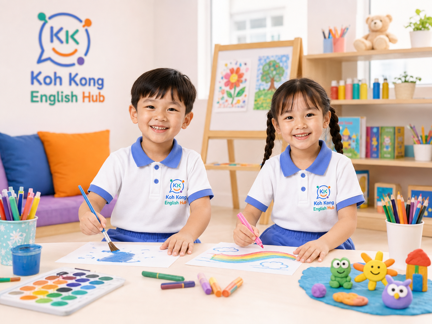A boy and girl in Koh Kong English Hub uniforms enjoying a creative arts activity