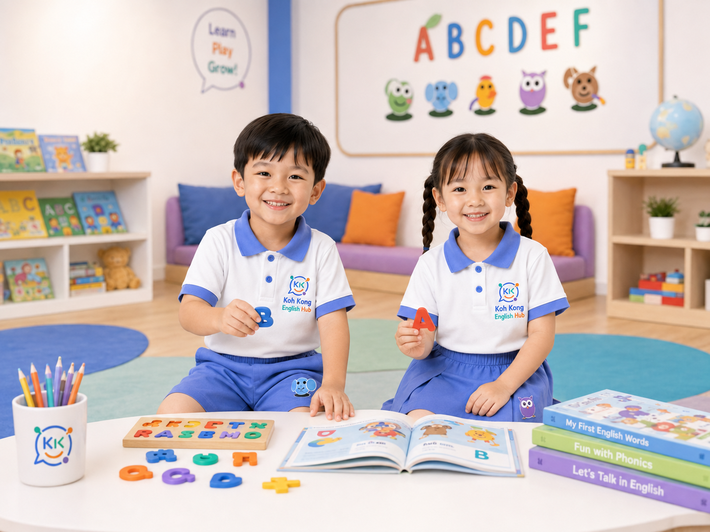 A boy and girl in Koh Kong English Hub uniforms learning English with alphabet letters